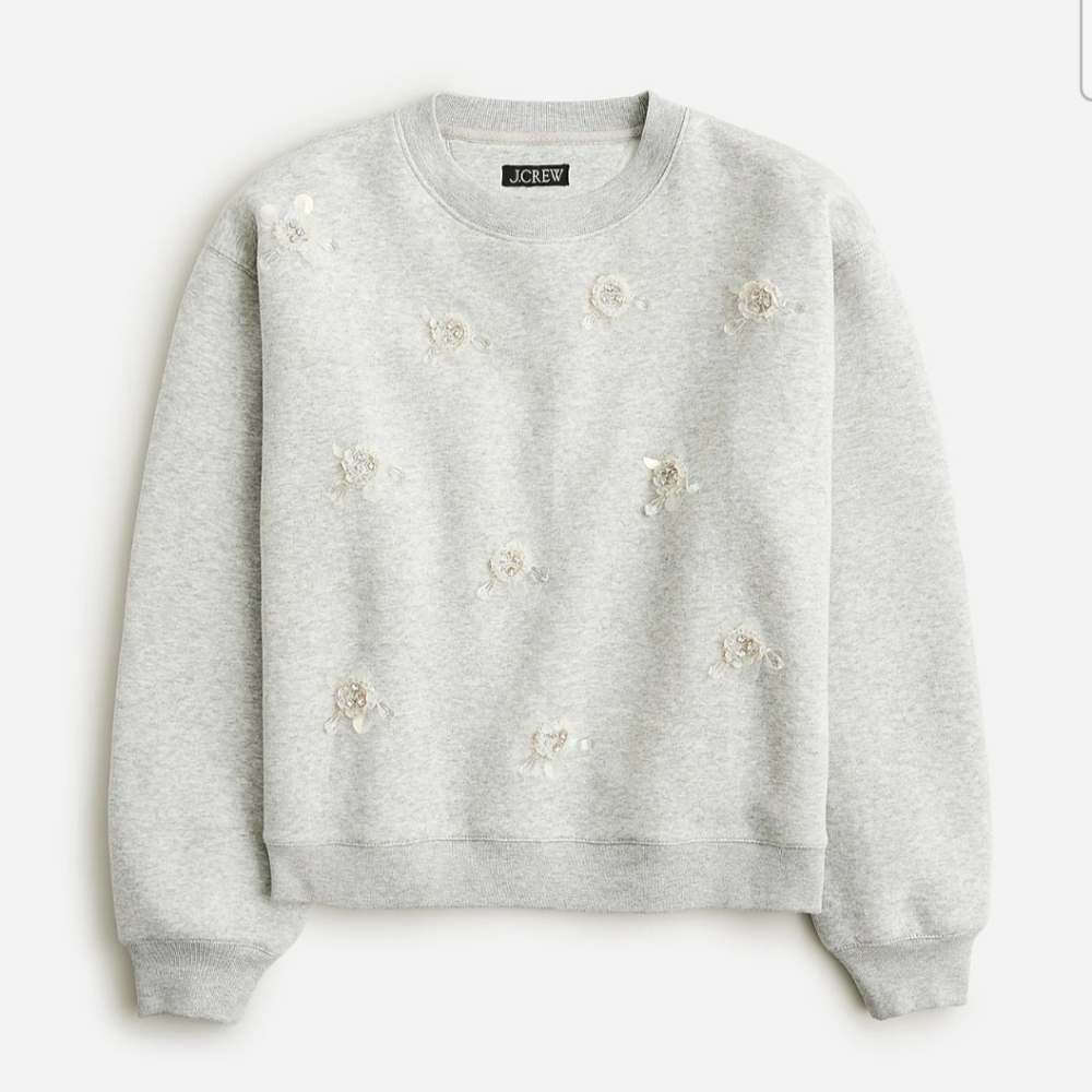 J Crew Sweatshirt Womens XXL Gray Sequin Floral Heritage Fleece Crew